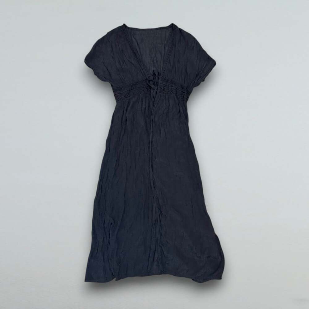 Black Sheer Beach Swimsuit Cover Up Tie Front Lace One Size